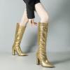 imageSHEMEE Womens Colorful Snakeskin Knee High Boot Chunky Block High Heels Snake Print Round Toe Zipper Slouch ShoesGold