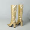 imageSHEMEE Womens Colorful Snakeskin Knee High Boot Chunky Block High Heels Snake Print Round Toe Zipper Slouch ShoesGold