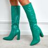 imageSHEMEE Womens Colorful Snakeskin Knee High Boot Chunky Block High Heels Snake Print Round Toe Zipper Slouch ShoesGreen Pu