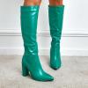 imageSHEMEE Womens Colorful Snakeskin Knee High Boot Chunky Block High Heels Snake Print Round Toe Zipper Slouch ShoesGreen Pu