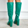 imageSHEMEE Womens Colorful Snakeskin Knee High Boot Chunky Block High Heels Snake Print Round Toe Zipper Slouch ShoesGreen Pu