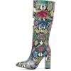 imageSHEMEE Womens Colorful Snakeskin Knee High Boot Chunky Block High Heels Snake Print Round Toe Zipper Slouch ShoesGreen Snake Print