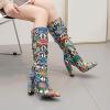 imageSHEMEE Womens Colorful Snakeskin Knee High Boot Chunky Block High Heels Snake Print Round Toe Zipper Slouch ShoesGreen Snake Print