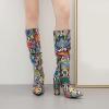 imageSHEMEE Womens Colorful Snakeskin Knee High Boot Chunky Block High Heels Snake Print Round Toe Zipper Slouch ShoesGreen Snake Print