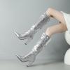 imageSHEMEE Womens Colorful Snakeskin Knee High Boot Chunky Block High Heels Snake Print Round Toe Zipper Slouch ShoesSilver