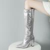 imageSHEMEE Womens Colorful Snakeskin Knee High Boot Chunky Block High Heels Snake Print Round Toe Zipper Slouch ShoesSilver