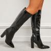 imageSHEMEE Womens Colorful Snakeskin Knee High Boot Chunky Block High Heels Snake Print Round Toe Zipper Slouch ShoesStone Pattern Black