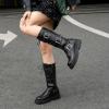 imageSHEMEE Womens Fashion Buckles Biker Riding Boots Knee High Zipper Motorcycle Boots Lace Up Military Combat Boot Chunky Low HeelsBlack