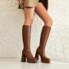 imageSHEMEE Womens Fashion Stretch Boots Square Toe Block High Heels Knee High Boots Chunky Platform MidCalf BootsBrown