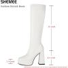 imageSHEMEE Womens Fashion Stretch Boots Square Toe Block High Heels Knee High Boots Chunky Platform MidCalf BootsWhite