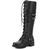 imageSHEMEE Womens Flat Combat Boot Buckle Riding Knee High Boots Lace Up Chunky Low Heels Gothic Motorcycle Boots with Inside ZipperBlack