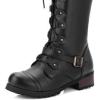 imageSHEMEE Womens Flat Combat Boot Buckle Riding Knee High Boots Lace Up Chunky Low Heels Gothic Motorcycle Boots with Inside ZipperBlack