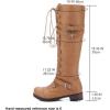 imageSHEMEE Womens Flat Combat Boot Buckle Riding Knee High Boots Lace Up Chunky Low Heels Gothic Motorcycle Boots with Inside ZipperYellow