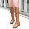 imageSHEMEE Womens Flat Combat Boot Buckle Riding Knee High Boots Lace Up Chunky Low Heels Gothic Motorcycle Boots with Inside ZipperYellow