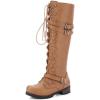 imageSHEMEE Womens Flat Combat Boot Buckle Riding Knee High Boots Lace Up Chunky Low Heels Gothic Motorcycle Boots with Inside ZipperYellow