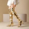 imageSHEMEE Womens Metallic Over The Knee Boot Chunky Block Heels Thigh High Boots Stylish Disco Outfits Long BootsGold