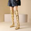 imageSHEMEE Womens Metallic Over The Knee Boot Chunky Block Heels Thigh High Boots Stylish Disco Outfits Long BootsGold