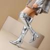 imageSHEMEE Womens Metallic Over The Knee Boot Chunky Block Heels Thigh High Boots Stylish Disco Outfits Long BootsSilver