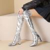 imageSHEMEE Womens Metallic Over The Knee Boot Chunky Block Heels Thigh High Boots Stylish Disco Outfits Long BootsSilver