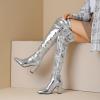 imageSHEMEE Womens Metallic Over The Knee Boot Chunky Block Heels Thigh High Boots Stylish Disco Outfits Long BootsSilver
