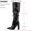 imageSHEMEE Womens Slouch Boots Knee High Wrinkled Block Heels Fashion Pointy Toe Chunky High Heeled Tall BootsPatent Black