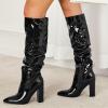 imageSHEMEE Womens Slouch Boots Knee High Wrinkled Block Heels Fashion Pointy Toe Chunky High Heeled Tall BootsPatent Black