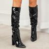 imageSHEMEE Womens Slouch Boots Knee High Wrinkled Block Heels Fashion Pointy Toe Chunky High Heeled Tall BootsPatent Black