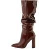imageSHEMEE Womens Slouch Boots Knee High Wrinkled Block Heels Fashion Pointy Toe Chunky High Heeled Tall BootsPatent Brown