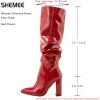 imageSHEMEE Womens Slouch Boots Knee High Wrinkled Block Heels Fashion Pointy Toe Chunky High Heeled Tall BootsPatent Red