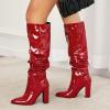 imageSHEMEE Womens Slouch Boots Knee High Wrinkled Block Heels Fashion Pointy Toe Chunky High Heeled Tall BootsPatent Red