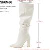 imageSHEMEE Womens Slouch Boots Knee High Wrinkled Block Heels Fashion Pointy Toe Chunky High Heeled Tall BootsPatent White