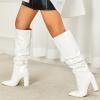 imageSHEMEE Womens Slouch Boots Knee High Wrinkled Block Heels Fashion Pointy Toe Chunky High Heeled Tall BootsPatent White
