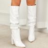 imageSHEMEE Womens Slouch Boots Knee High Wrinkled Block Heels Fashion Pointy Toe Chunky High Heeled Tall BootsPatent White