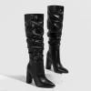 imageSHEMEE Womens Slouch Boots Knee High Wrinkled Block Heels Fashion Pointy Toe Chunky High Heeled Tall BootsPu Black