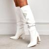 imageSHEMEE Womens Slouch Boots Knee High Wrinkled Block Heels Fashion Pointy Toe Chunky High Heeled Tall BootsPu White