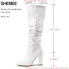 imageSHEMEE Womens Slouch Boots Knee High Wrinkled Block Heels Fashion Pointy Toe Chunky High Heeled Tall BootsPu White