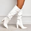 imageSHEMEE Womens Slouch Boots Knee High Wrinkled Block Heels Fashion Pointy Toe Chunky High Heeled Tall BootsPu White