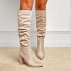 imageSHEMEE Womens Slouch Boots Knee High Wrinkled Block Heels Fashion Pointy Toe Chunky High Heeled Tall BootsSuede Apricot
