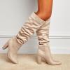 imageSHEMEE Womens Slouch Boots Knee High Wrinkled Block Heels Fashion Pointy Toe Chunky High Heeled Tall BootsSuede Apricot