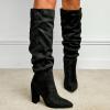 imageSHEMEE Womens Slouch Boots Knee High Wrinkled Block Heels Fashion Pointy Toe Chunky High Heeled Tall BootsSuede Black