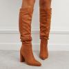 imageSHEMEE Womens Slouch Boots Knee High Wrinkled Block Heels Fashion Pointy Toe Chunky High Heeled Tall BootsSuede Brown