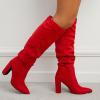 imageSHEMEE Womens Slouch Boots Knee High Wrinkled Block Heels Fashion Pointy Toe Chunky High Heeled Tall BootsSuede Red