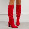 imageSHEMEE Womens Slouch Boots Knee High Wrinkled Block Heels Fashion Pointy Toe Chunky High Heeled Tall BootsSuede Red