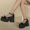 imageSHEMEE Womens Square Toe Gothic Chunky Platform Mary Jane Pumps Patent Leather Block High Heel Ankle Strap Buckle Cosplay Shoes with BowknotBlack