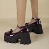 imageSHEMEE Womens Square Toe Gothic Chunky Platform Mary Jane Pumps Patent Leather Block High Heel Ankle Strap Buckle Cosplay Shoes with BowknotBurgundy