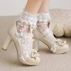 imageSHEMEE Womens Sweet Bow Chunky High Heel Mary Janes Platform Block Heels Buckle Ankle Strap Dress PumpsBeige