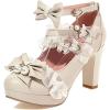 imageSHEMEE Womens Sweet Bow Chunky High Heel Mary Janes Platform Block Heels Buckle Ankle Strap Dress PumpsBeige