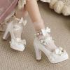 imageSHEMEE Womens Sweet Bow Chunky High Heel Mary Janes Platform Block Heels Buckle Ankle Strap Dress PumpsWhite