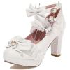 imageSHEMEE Womens Sweet Bow Chunky High Heel Mary Janes Platform Block Heels Buckle Ankle Strap Dress PumpsWhite