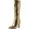 imageSHEMEE Womens Colorful Snakeskin Knee High Boot Chunky Block High Heels Snake Print Round Toe Zipper Slouch ShoesGold